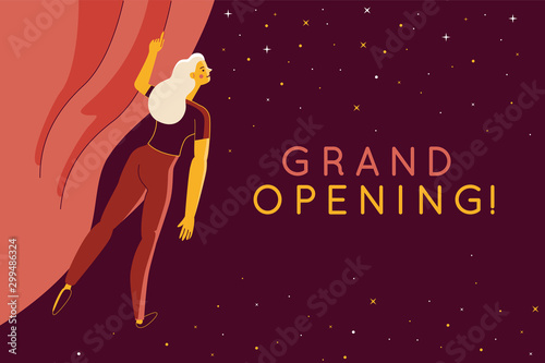 Vector illustration with female character in simple flat style - woman opening red curtain