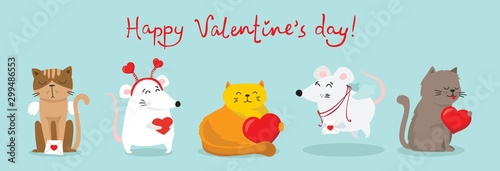 Fototapeta Naklejka Na Ścianę i Meble -  Vector illustration card with cute cartoon little Valentine cats, dogs, rats in love and funny greeting text Happy Valentine's Day