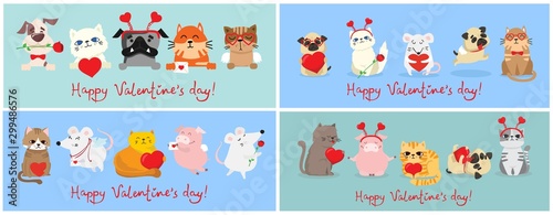 Vector illustration card with cute cartoon little Valentine cats, dogs, rats in love and funny greeting text Happy Valentine's Day