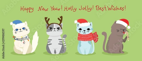 Vector illustration of christmas cats with Christmas and new year greetings. Cute pets with holiday hats