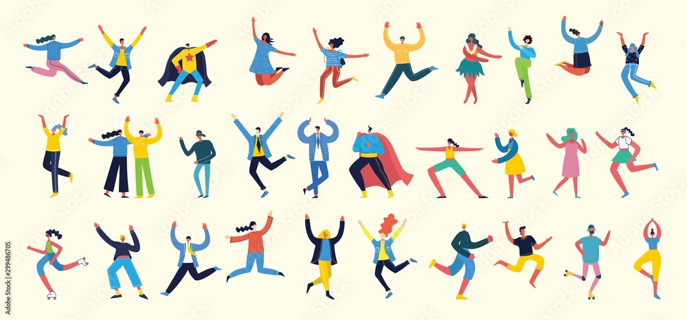 Dancing people, happy men and women dancing in to the music. Vector illustration in a flat style