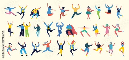 Dancing people, happy men and women dancing in to the music. Vector illustration in a flat style