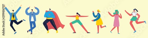 Concept of young people jumping and dancing on the light background. Stylish modern vector illustration card with happy male and female teenagers