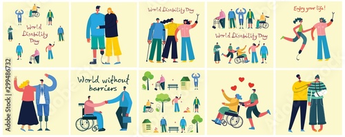 Vector backgrounds with disabled people, young invalid persons and men and women helping. World without barriers. Flat cartoon characters.