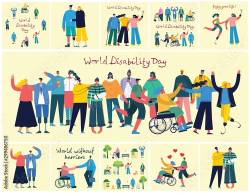 Vector backgrounds with disabled people  young invalid persons and men and women helping. World without barriers. Flat cartoon characters.