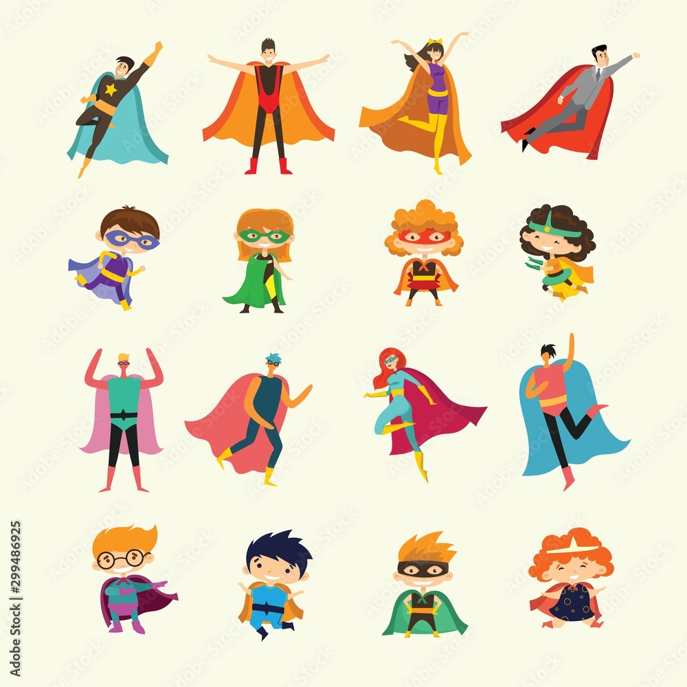 Vector illustrations in flat design of female, male and children superheroes in funny comics super costume