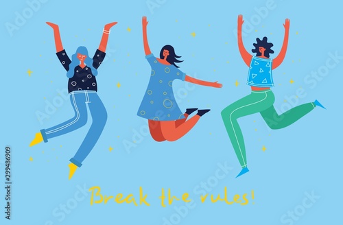 Concept of young people jumping on blue background. Stylish modern vector illustration card with happy female teenagers and hand drawing quote Enjoy your life