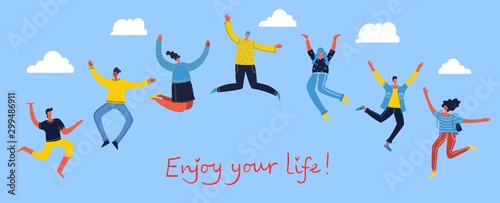 Concept of young people jumping on blue background. Stylish modern vector illustration card with happy female and male teenagers and hand drawing quote Enjoy your life © virinaflora