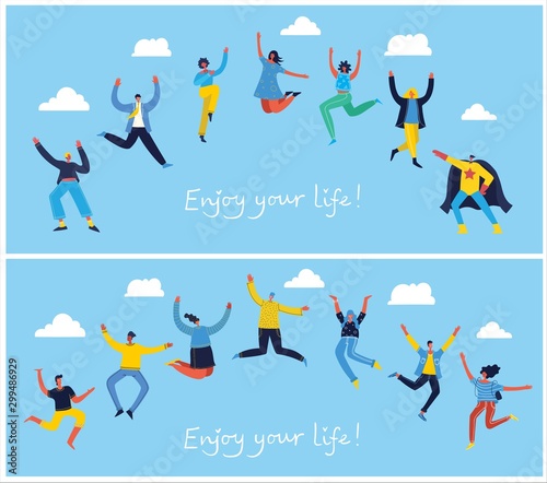 Concept of young people jumping on blue background. Stylish modern vector illustration card with happy female and male teenagers and hand drawing quote Enjoy your life
