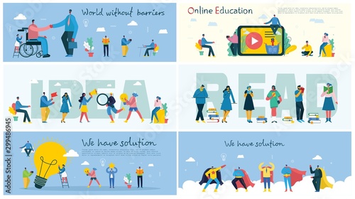 Vector illustration of concept of Online education, Disaled people, Read the book, Idea, We have solution in the flat design
