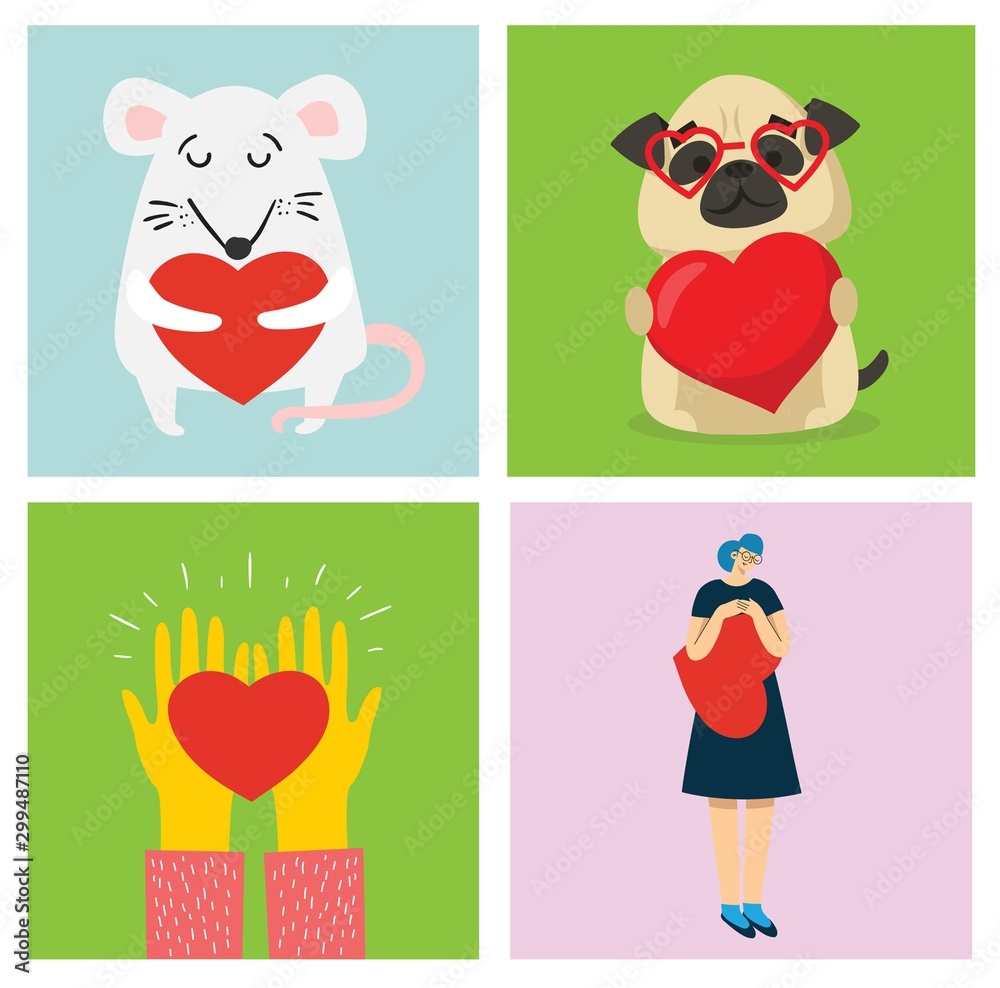 Obraz premium Vector illustration cards with cute cartoon little Valentine cats, dogs, rats in love and funny greeting text Happy Valentine's Day