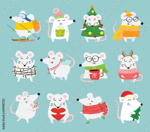 New year and Christmas rat set - symbol of the year. Simple illustration for the greeting cards