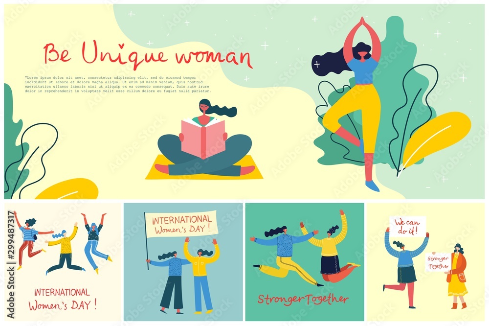 Concept of women unique background. Stylish modern vector illustration card with happy female woman and hand drawing quote Be unique