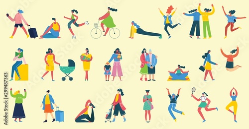Colorful vector illustration concept set of different activities of women for Happy Women's internarional day cards, posters and banners . Group of happy female friends, mothers in flat design