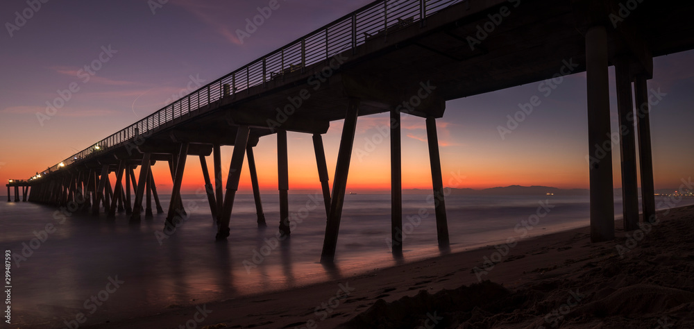 Beautiful Ocean Sunset Panorama Long Exposure at the Hermosa Beach Pier in South Bay, Los Angeles, California