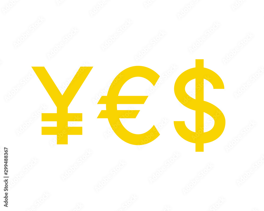 Word YES with yellow currency symbols. Yen, Euro, Dollar Word YES with yellow currency symbols. Yen, Euro, Dollar