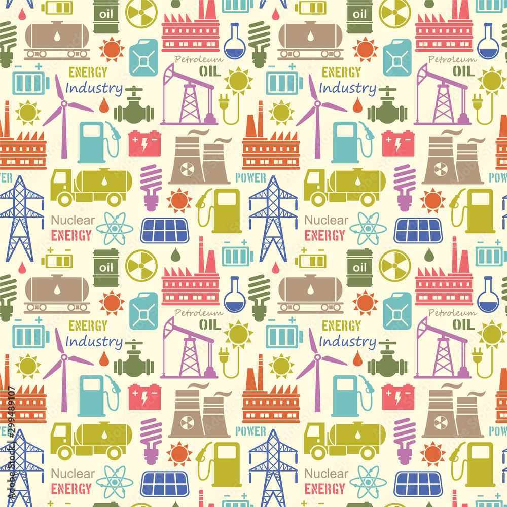 Energy, electricity, power industrial seamless vector background