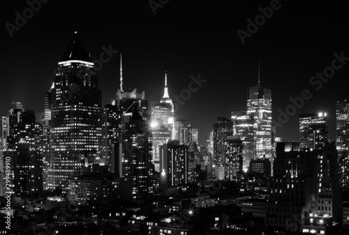 Night view of Midtown Manhattan and Hell s Kitchen  black and white