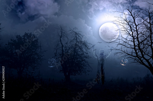 Night foggy mystical garden and a scarecrow against the backdrop of the full moon © alg2209