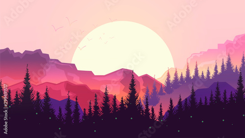Sunset in the mountains, beautiful landscape, big sun, forest silhouette. photo