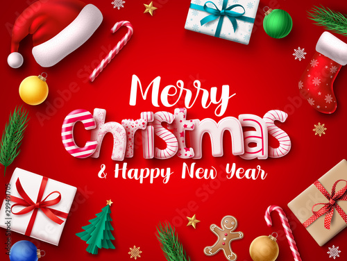 Christmas vector banner design. Merry chistmas greeting 3d realistic typography text with xmas decoration elements of santa hat, sock, gift, balls, candy cane, pine leaves, and gingerbread in red back