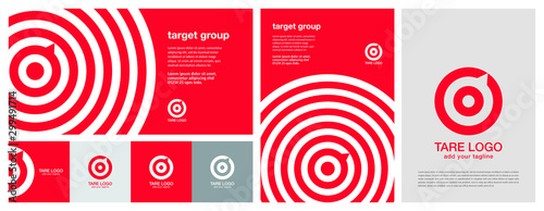 Target logo. Red aim, arrow, compass, speech bubble, Idea concept, perfect hit, winner, target goal icon. Success abstract logo. Corporate identity set. Poster design in horizontal and vertical. photo