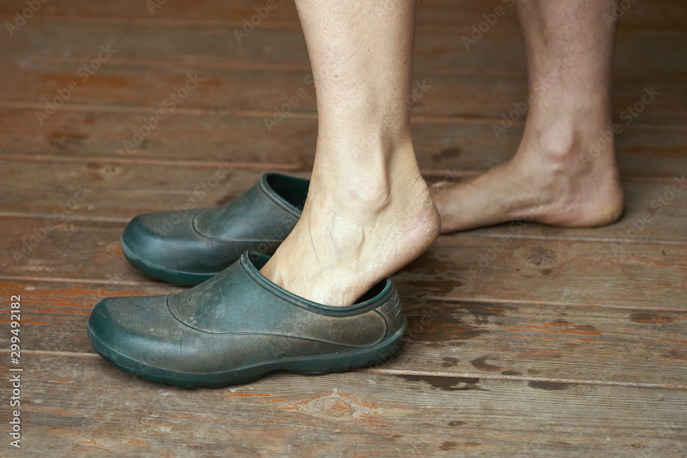 Barefoot woman puts rubber boots on standing on a wooden floor Barefoot woman puts rubber boots on standing on a wooden floor