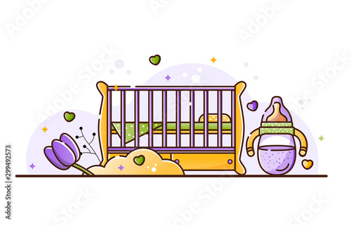 Vector illustration with baby accessories. Wooden crib for a newborn with a pillow and blanket. Bottle of milk. Birth of a boy or girl child. Linear style print on a white background.
