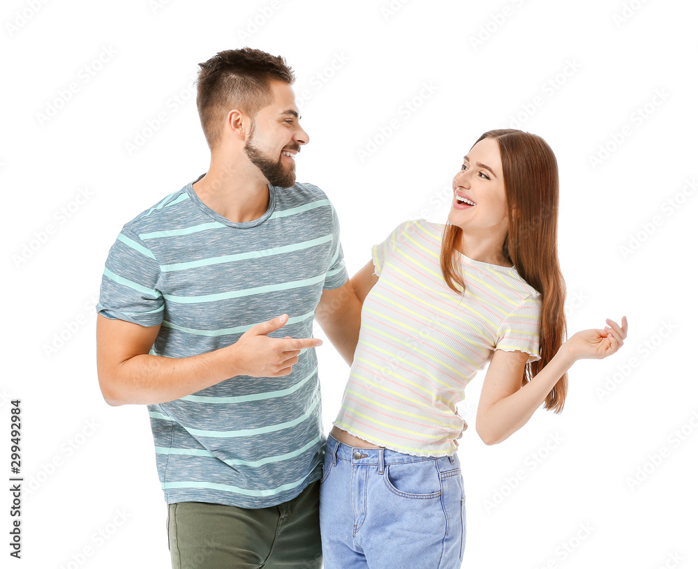 Portrait of happy young couple on white background Portrait of happy young couple on white background