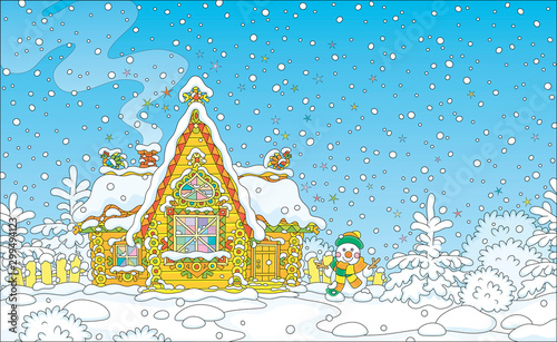 Christmas background with a colorfully decorated log house from a fairytale covered with snow and a friendly smiling snowman next to it, vector illustration in a cartoon style