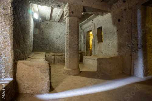 Inside an ancient etruscan tomb, Etruscan necropolis (8th century b.C.) Cerveteri Rome Province, Italy. UNESCO World Heritage photo