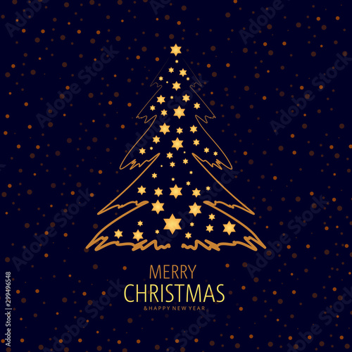 Abstract golden Christmas tree on dark background.