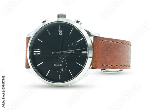 Luxury wristwatch, Brown leather isolated on white background with clipping path.