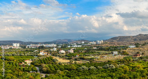 Lefka town panorama with modern buildings and green residential suburbs  Northern Cyprus