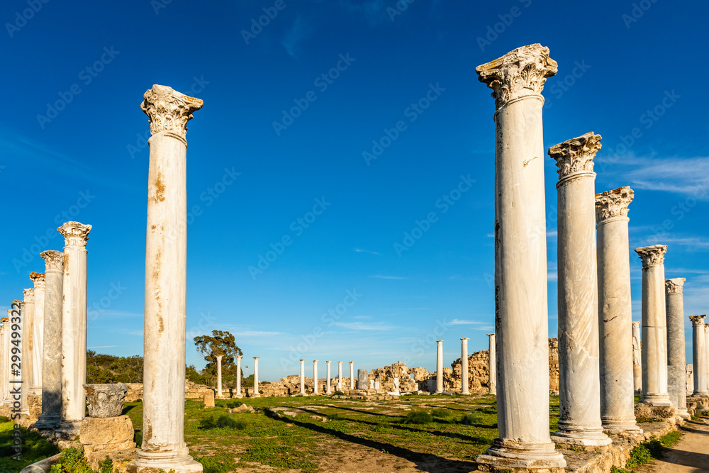 Ancient columns at Salamis, Greek and Roman archaeological site, Famagusta, North Cyprus