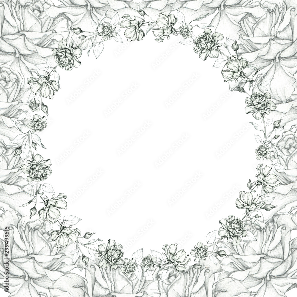 Round elegant frame of roses. Hand drawing with a pencil. Black and white. Mock up. Round elegant frame of roses. Hand drawing with a pencil. Black and white. Mock up.
