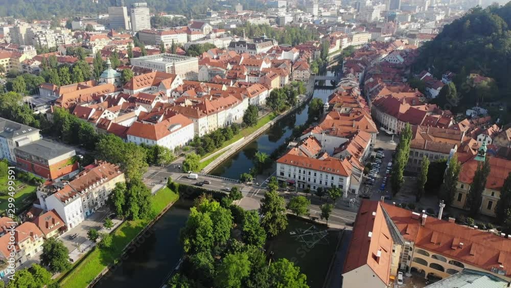 Ljubljanica river and old town Ljubljana, Slovenia. Aerial view, drone video.