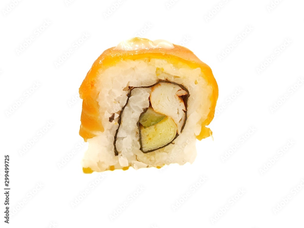 Japanese food style, Top view of salmon roll topped with beluga caviar and mayonnaise isolated on white background, Ready to eat or serve Japanese food style, Top view of salmon roll topped with beluga caviar and mayonnaise isolated on white background, Ready to eat or serve
