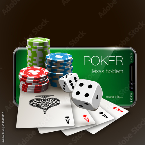 Vector illustration Online Poker casino banner with a mobile phone, chips, playing cards and dice. Marketing Luxury Banner Jackpot Online Casino with New model Smartphone. Empty advertising poster.