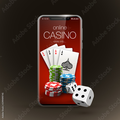 Vector illustration Online Poker casino banner with a mobile phone, chips, playing cards and dice. Marketing Luxury Banner Jackpot Online Casino with New model Smartphone. Empty advertising poster.