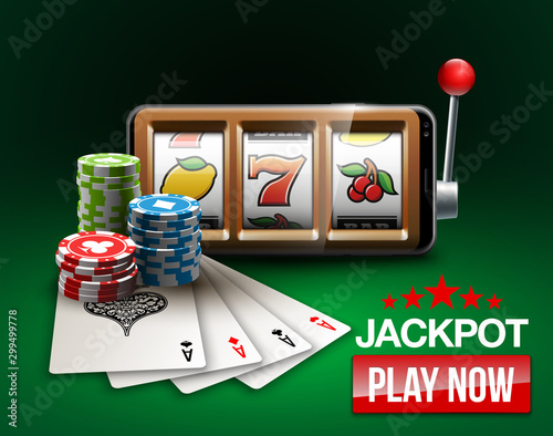 big win illustration Online Jackpot casino Slot machine banner in mobile phone. Chips, playing card, dice. Marketing Luxury Banner Jackpot Online Casino game Slot-machine in Smartphone play now poster