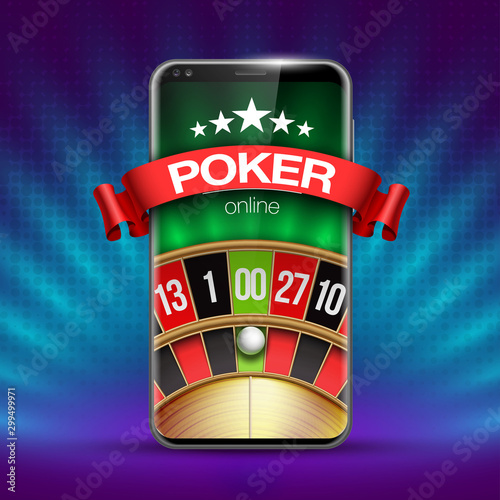 illustration Online Poker casino banner with mobile phone and roulette. Marketing Luxury Banner Jackpot Online Casino with New model Smartphone and roulette Advertising poster with red ribbon for text