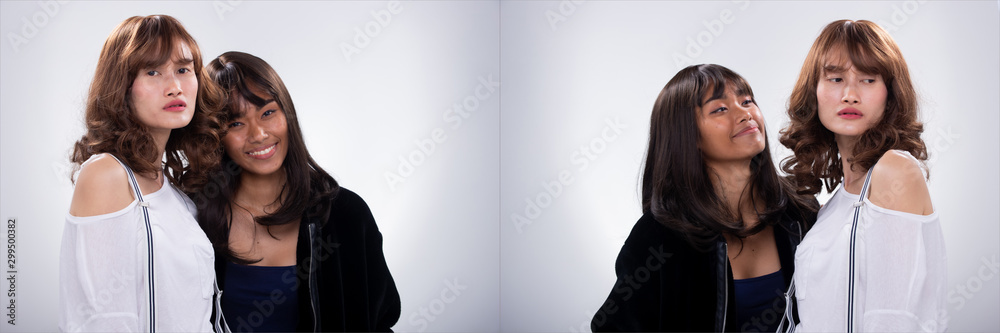 Collage Group Pack of Two Fashion Young skinny sisters best friends Asian Woman black hair wear fur jacket and clip suspension. Studio Lighting white gray Background isolated copyspace Collage Group Pack of Two Fashion Young skinny sisters best friends Asian Woman black hair wear fur jacket and clip suspension. Studio Lighting white gray Background isolated copyspace