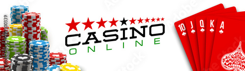 Stack of colored casino chips with playing cards isolated on a white background. Big win jackpot poker in Online web casino illustration. Realistic luxury fortune banner with playing cards games bet