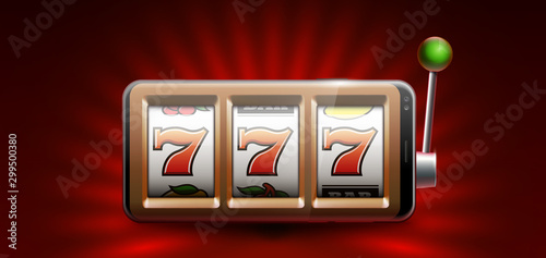 Illustration banner of mobile online casino application with 777 big win slot machine. Realistic advertising poster with online mobile app casino and Jackpot 777. Play now in One Armed Bandit banner
