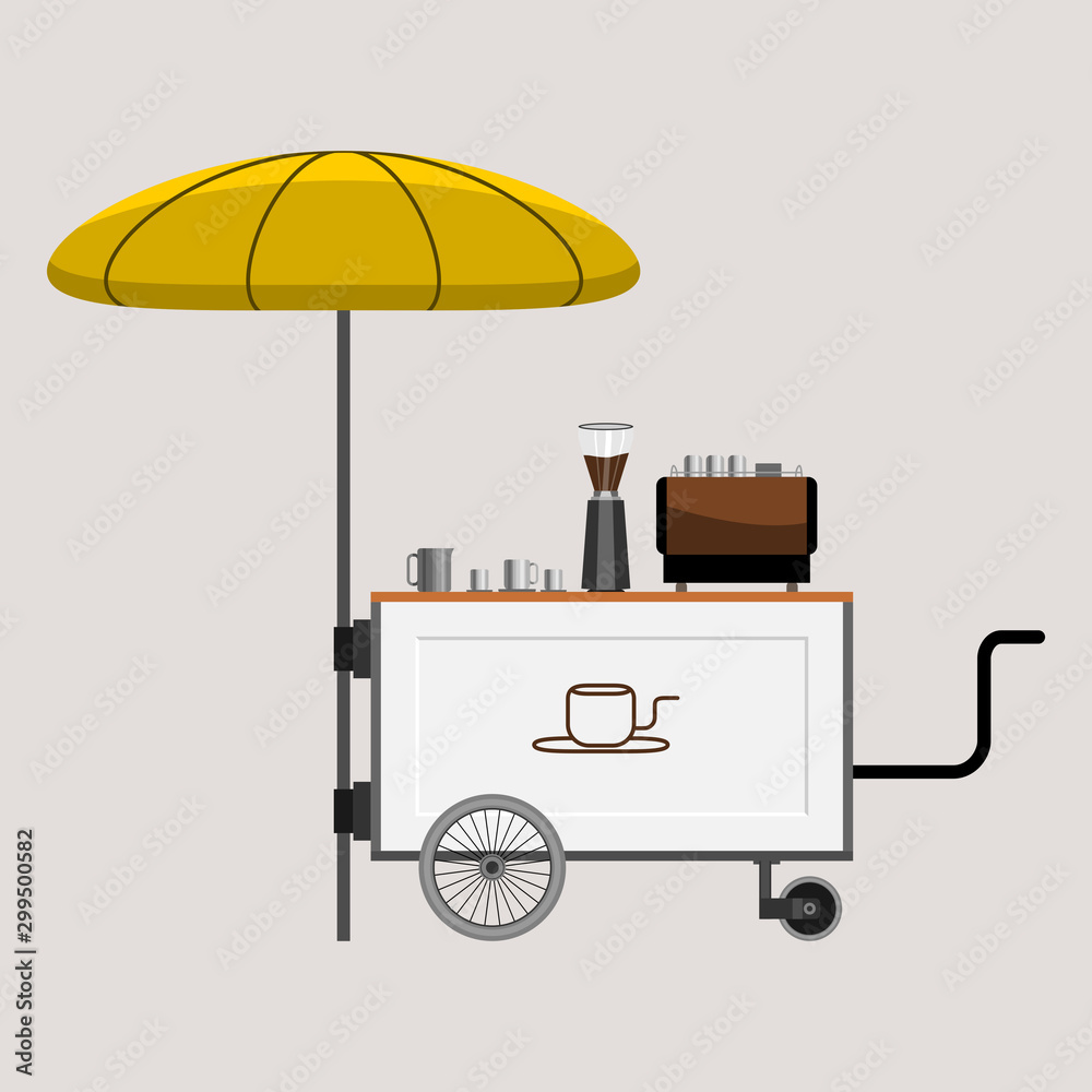 Editable Isolated Mobile Mini Coffee Cart Vector Illustration With Umbrella and Logo for Cafe Related Concept