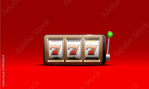 Illustration banner of mobile online casino application with 777 big win slot machine. Realistic advertising poster with online mobile app casino and Jackpot 777. Play now in One Armed Bandit banner