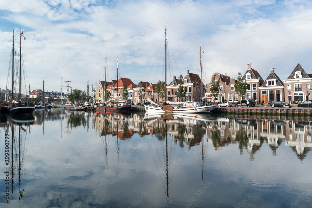 Boats in south harbour canal of Harlingen, Netherlands