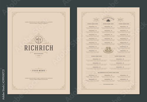 Menu design template with cover and restaurant vintage logo vector brochure.