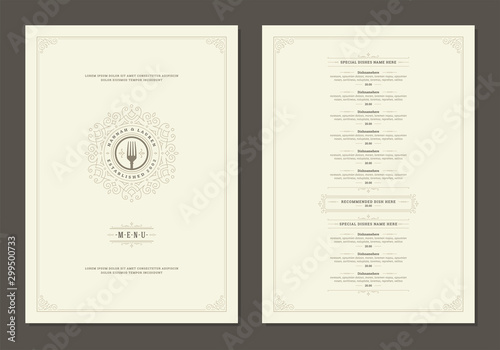 Menu design template with cover and restaurant vintage logo vector brochure. photo